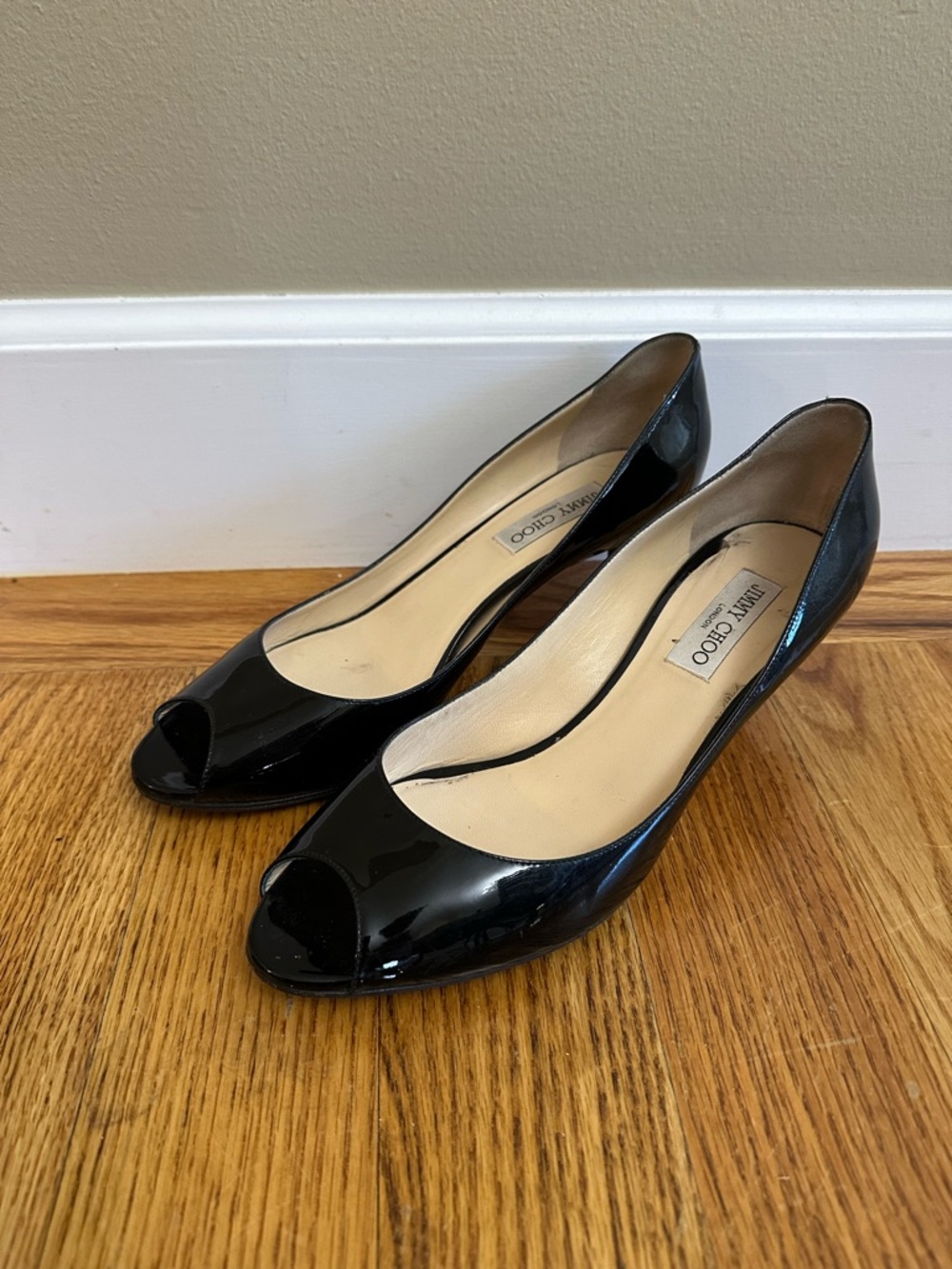 Jimmy Choo Black Patent Leather Peep-Toe Heels